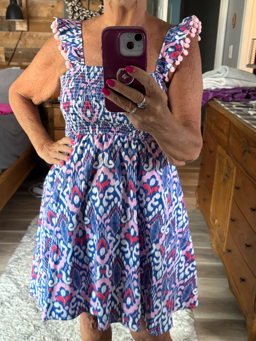 Blue & Pink Patterned Sundress with Pom Strap Detail and Smocked Bodice.
